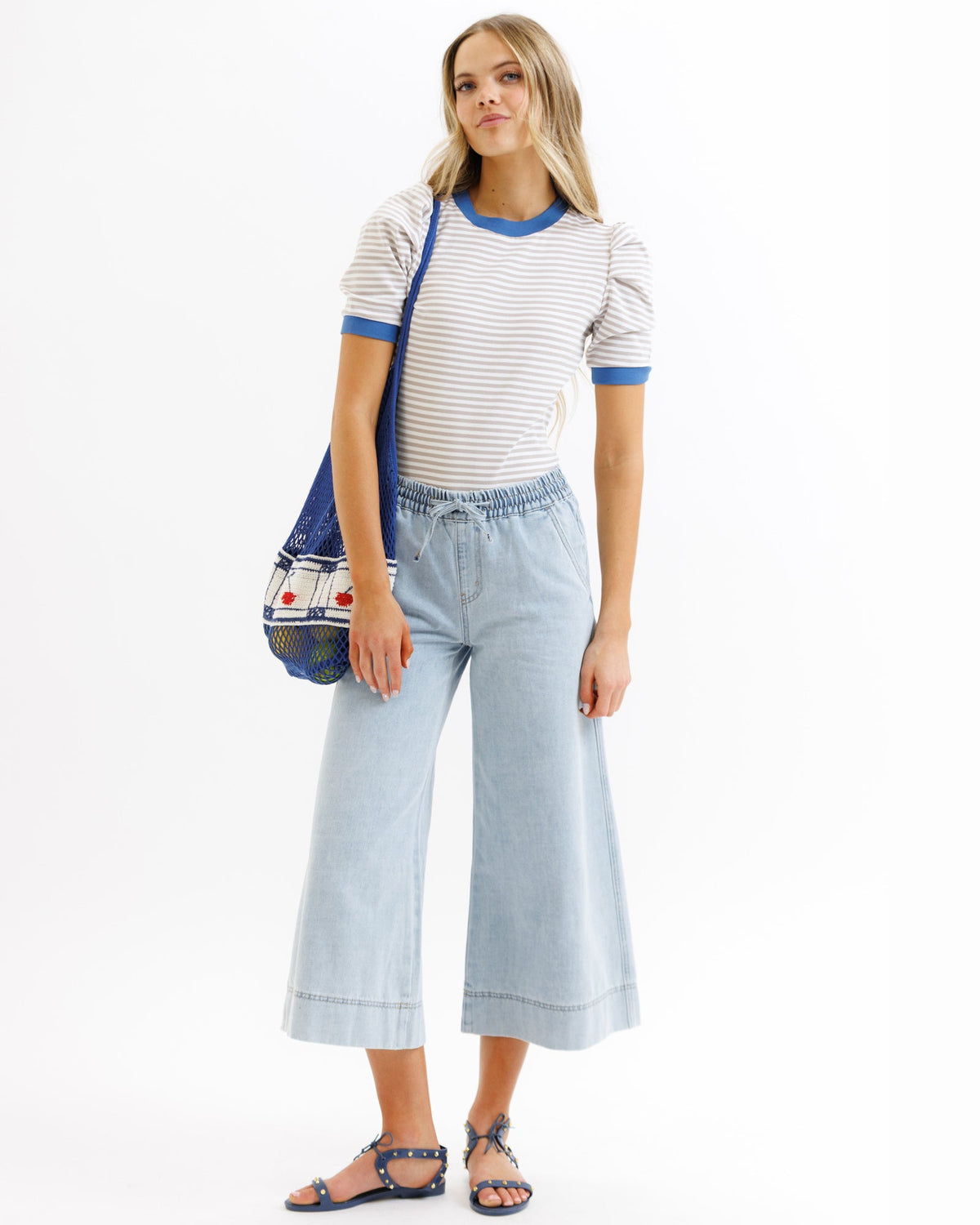 Downeast Blue Skies Ahead top in cream and tan stripe, lightweight casual blouse with long sleeves and relaxed fit.