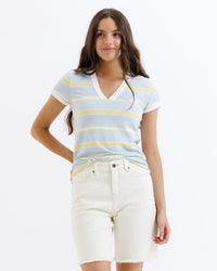 Downeast Dockside Tee in white and navy striped tops, featuring a classic crewneck and casual fit.