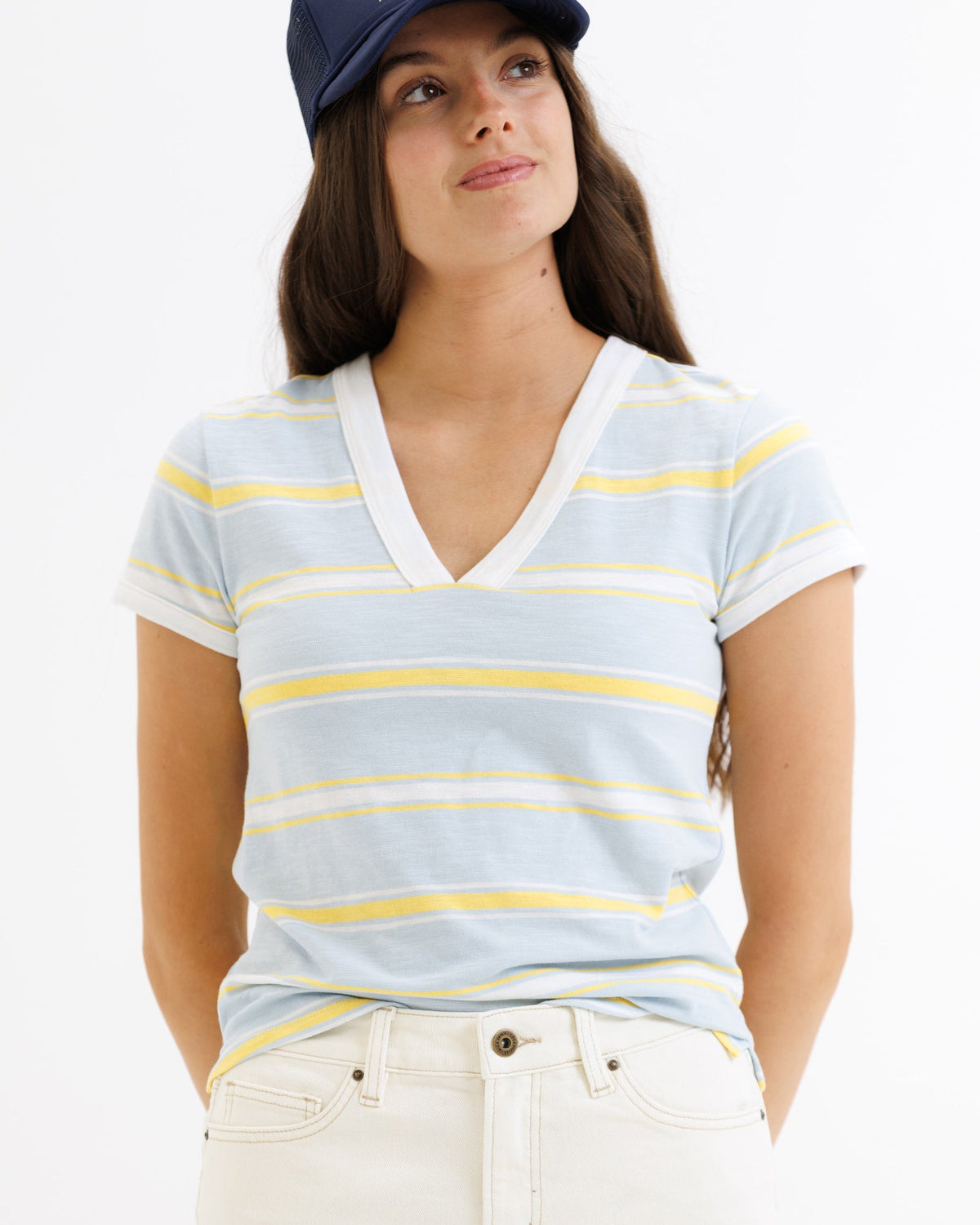 Downeast Dockside Tee in XS with blue and white striped design, casual women's top, lightweight and comfortable for everyday wear.