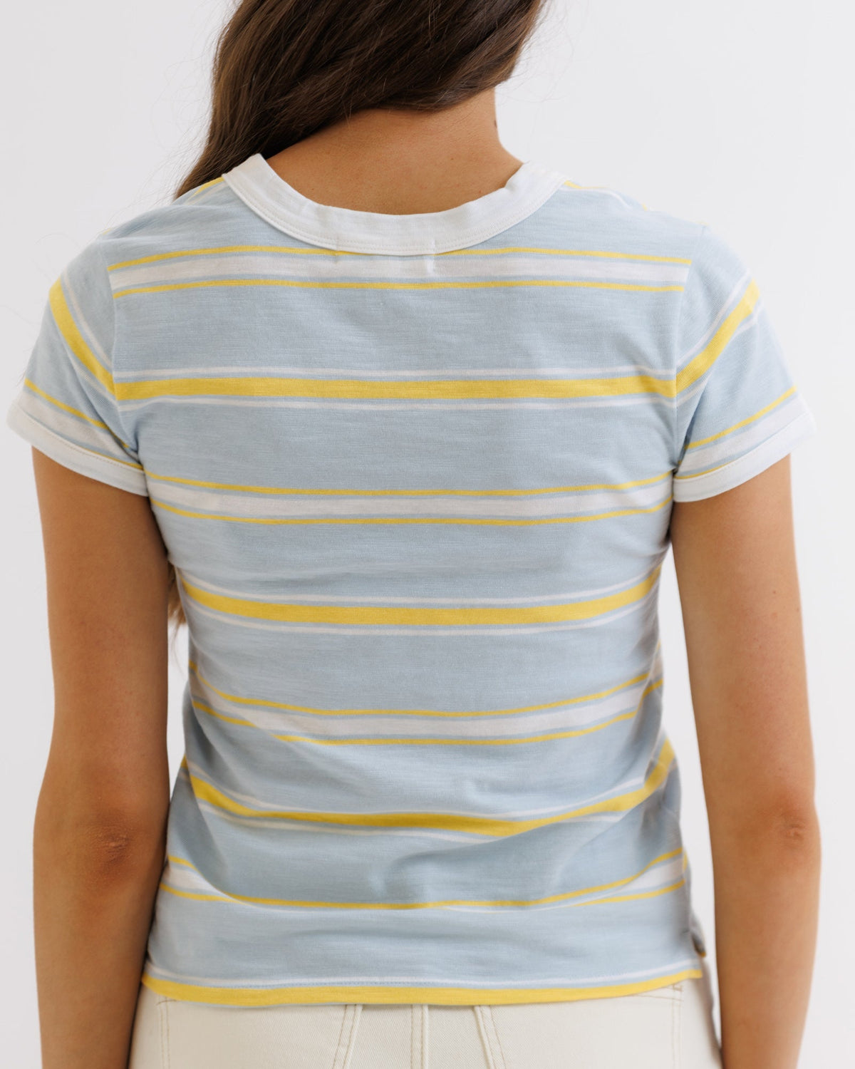 Downeast Dockside Tee in white and navy stripe, casual cotton top with short sleeves and crew neckline.
