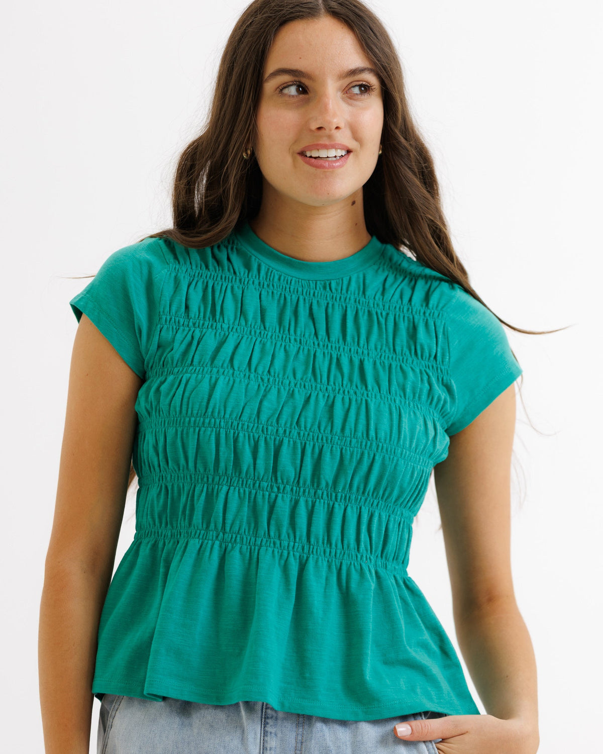 Downeast smocked tee top with a relaxed fit, featuring a smocked neckline and short sleeves, casual and stylish for everyday wear.