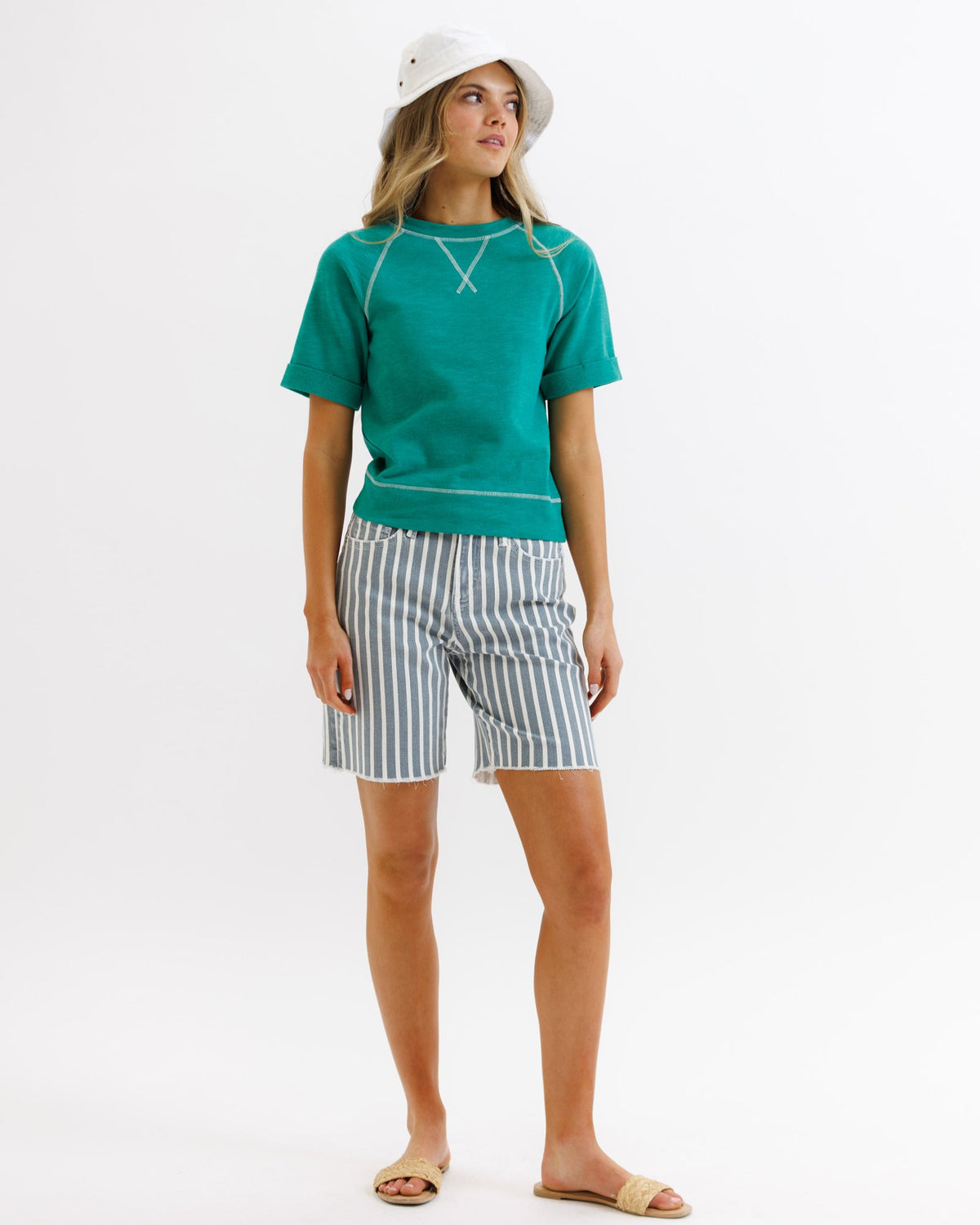 Green vintage Downeast Team Crew top, long-sleeve casual shirt with retro style and team logo, shown on a white background.