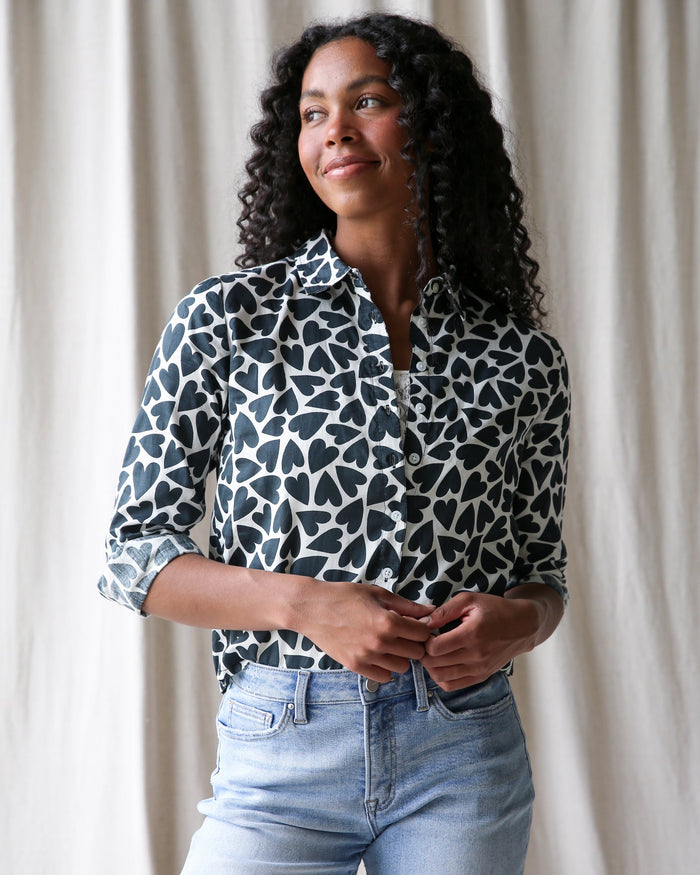 Downeast More Love Top in XS with heart pattern, stylish casual tops shown in a close-up image.