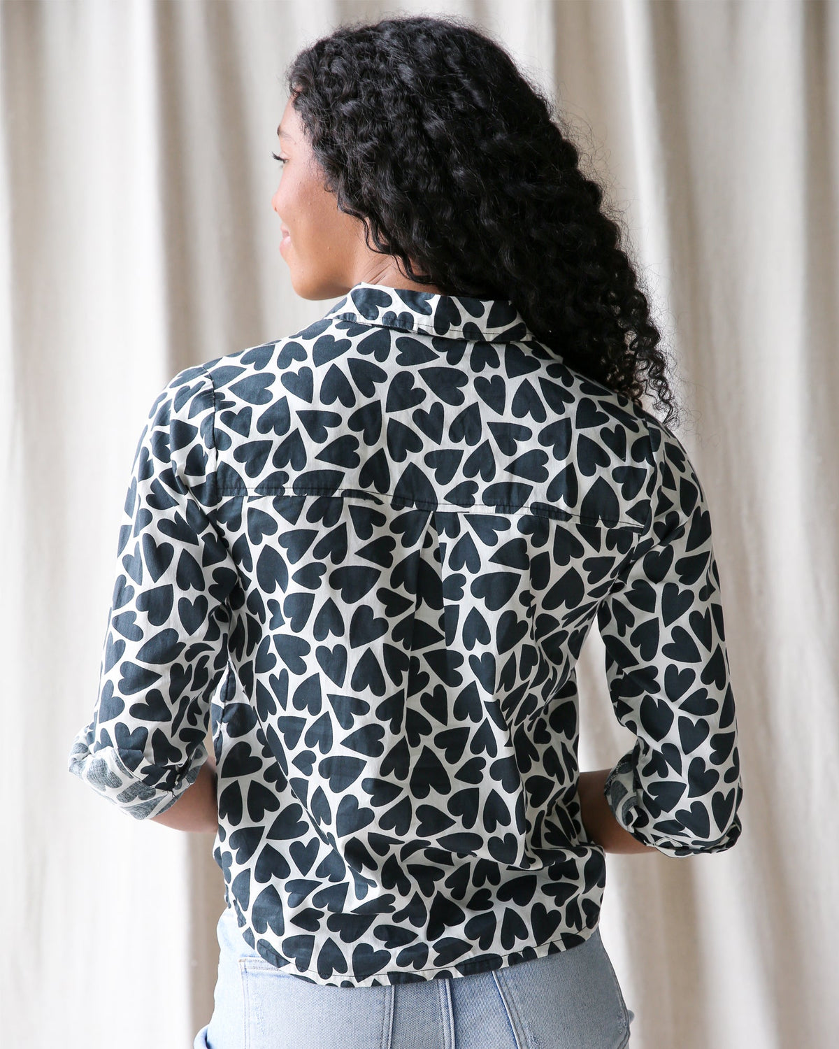 Downeast More Love Top in XS with heart pattern, lightweight casual blouse with long sleeves and round neckline.