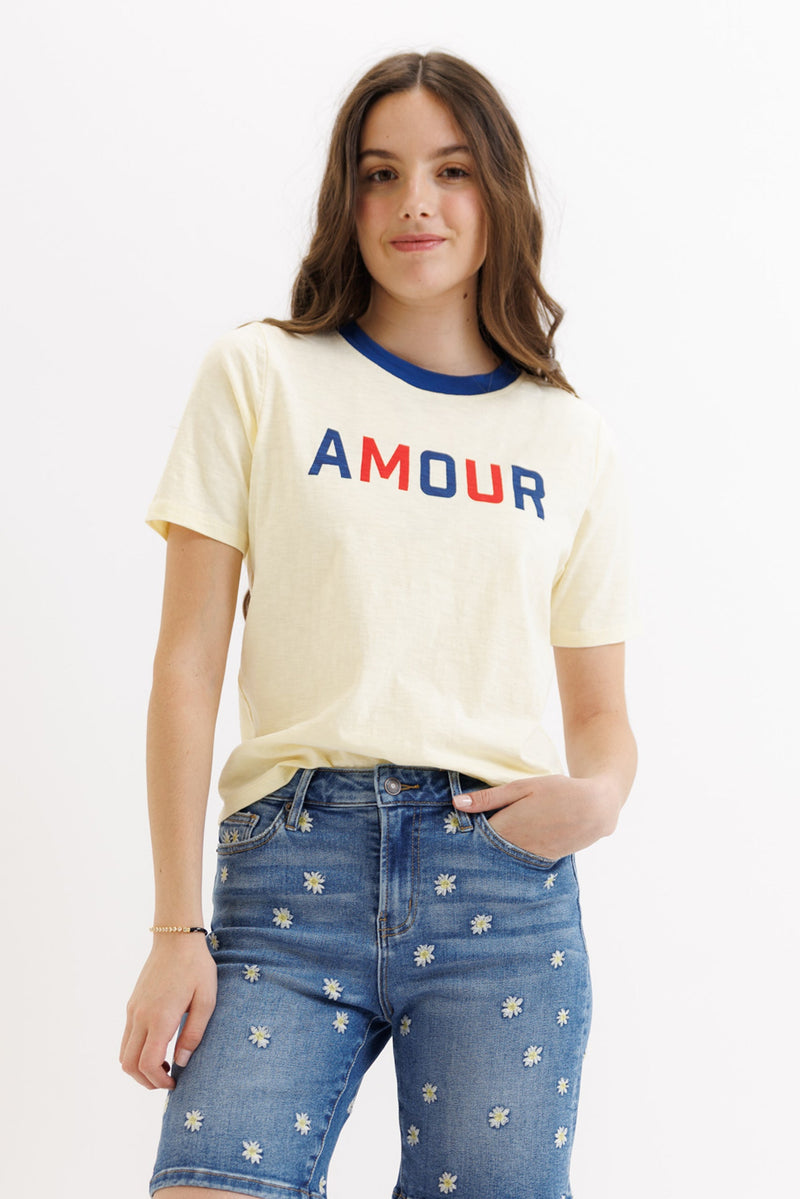 Downeast We Love It Tee in lemon yellow, casual top for women, featuring a relaxed fit and soft cotton fabric.