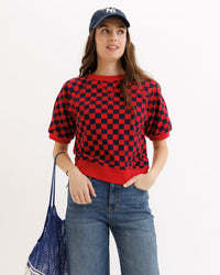 Downeast Powder Puff Sleeve Crew top in soft fabric with puff sleeves, shown in a front view.