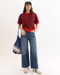 Downeast powder puff sleeve crew top in soft fabric, featuring puffed sleeves and a classic crew neckline.