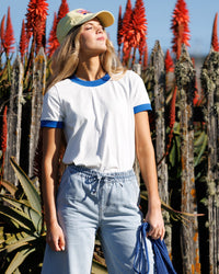 Downeast ringer tee top with contrasting collar and sleeve bands, casual style, soft cotton fabric, displayed on a neutral background