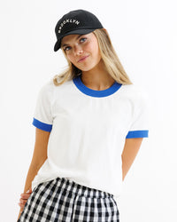 Downeast ringer tee in white with contrasting collar and sleeve bands, casual tops for everyday wear.