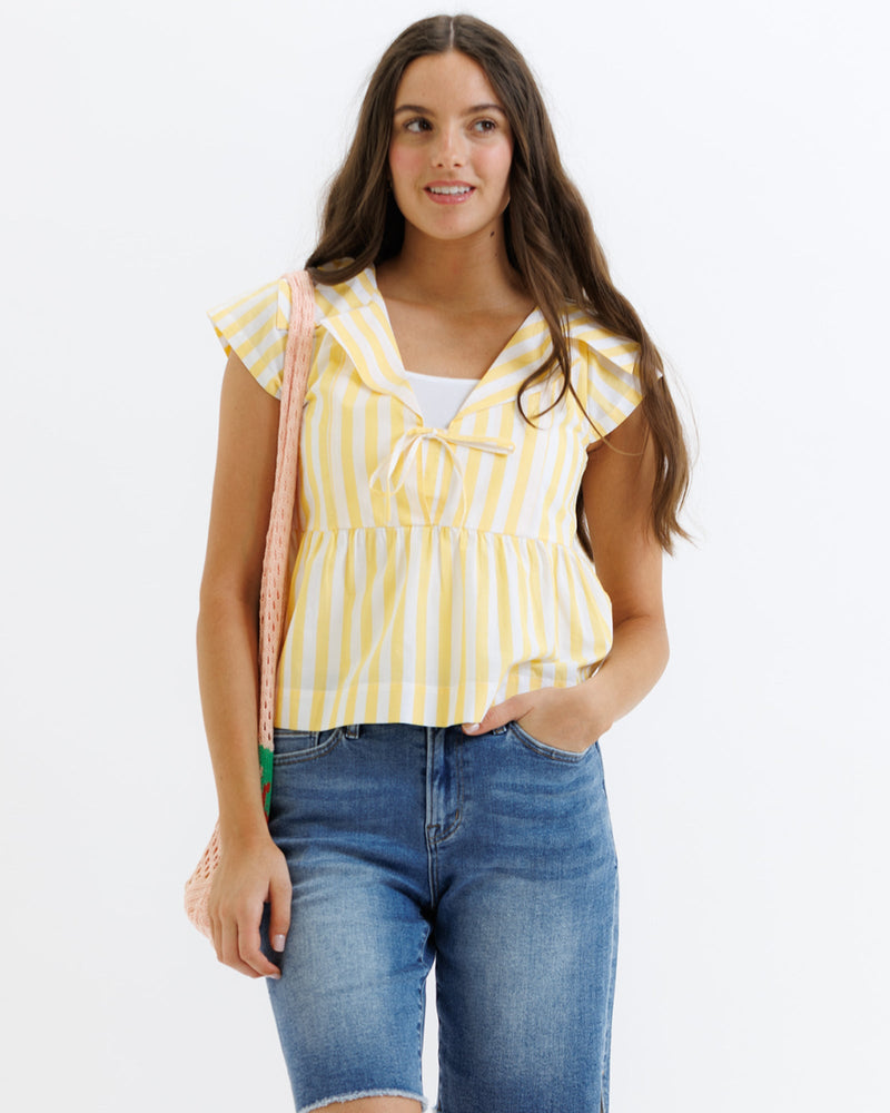 Downeast Sunshine Stripe Top for women, lightweight casual top with bright yellow and white stripes, short sleeves, perfect for summer.