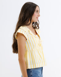 Downeast Sunshine Stripe Top for women, front view showing lightweight fabric and colorful striped design.