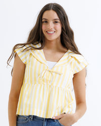 Downeast Sunshine Stripe Top for women, lightweight cotton top with bright yellow and white stripes, casual and comfortable.