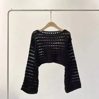 LORNEA long sleeve crochet knit top, summer beach bikini cover-up, boho crop pullover with wool knit detail for women.