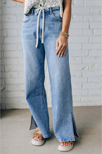 Myosotis Side Slit High Rise Drawstring Casual Jeans