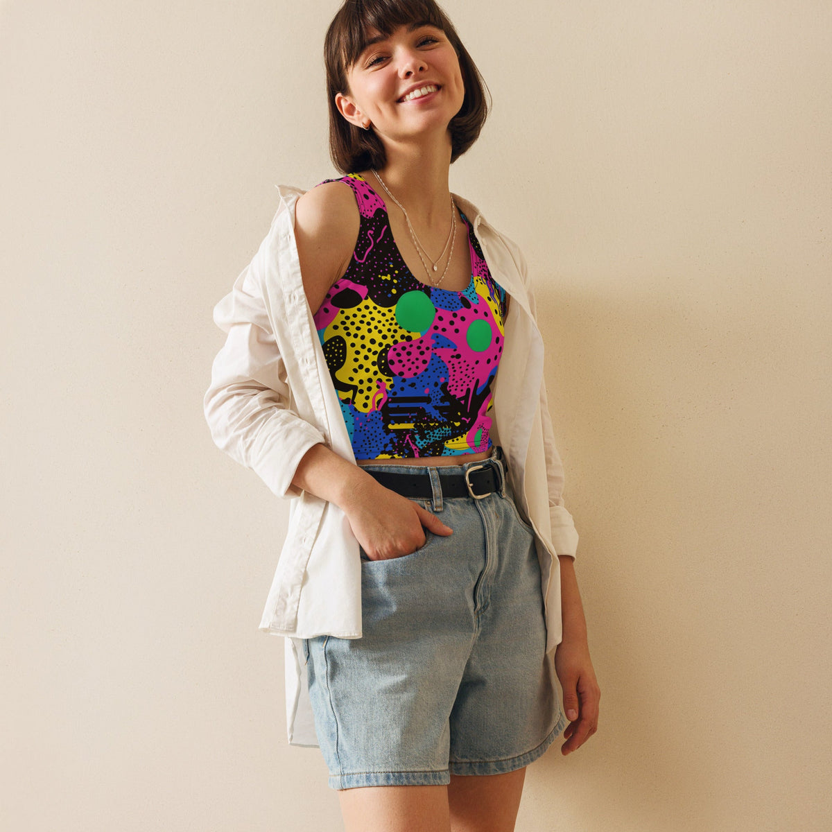 Retro colorful women's crop top tank top by Lornea, perfect for EDM rave festivals, featuring vibrant design and comfortable fit.