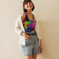 Retro colorful women's crop top tank top by Lornea, perfect for EDM rave festivals, featuring vibrant design and comfortable fit.