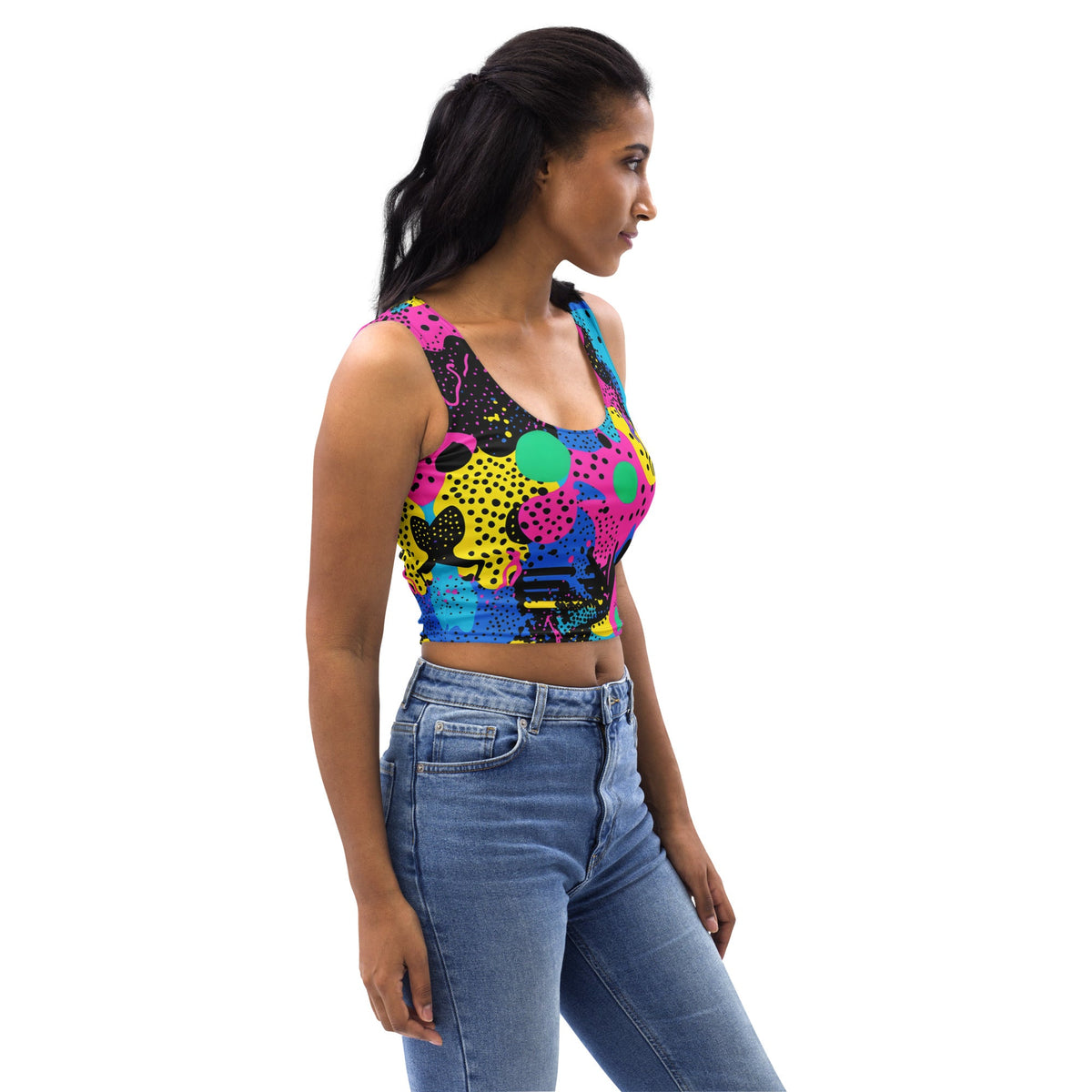 Retro color women's crop top tank top for EDM rave festival, featuring vibrant patterns and casual festival-ready style.