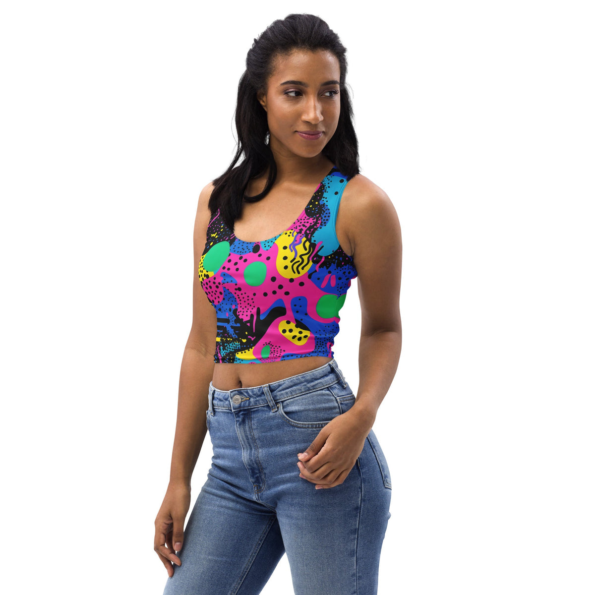 Retro color woman's crop top tank top for EDM rave festivals, vibrant design, sleeveless style, casual festival outfit by Lornea.