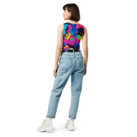 Retro color woman's crop top tank top for EDM rave festival, vibrant design, sleeveless style, casual festival clothing.