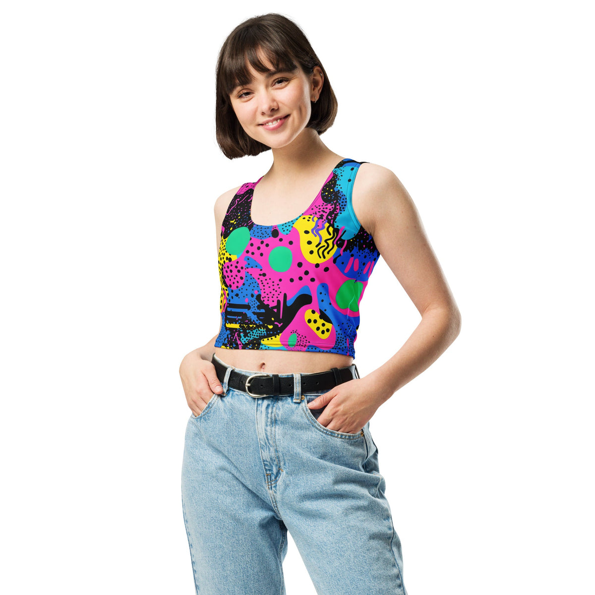 Retro color woman's crop top tank top for EDM rave festivals, vibrant design, sleeveless style, ideal festival outfit.