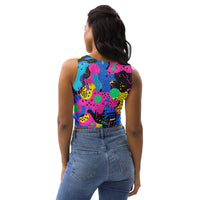 Retro color women's crop top tank for EDM rave festivals, vibrant design, sleeveless style perfect for party and festival outfits.
