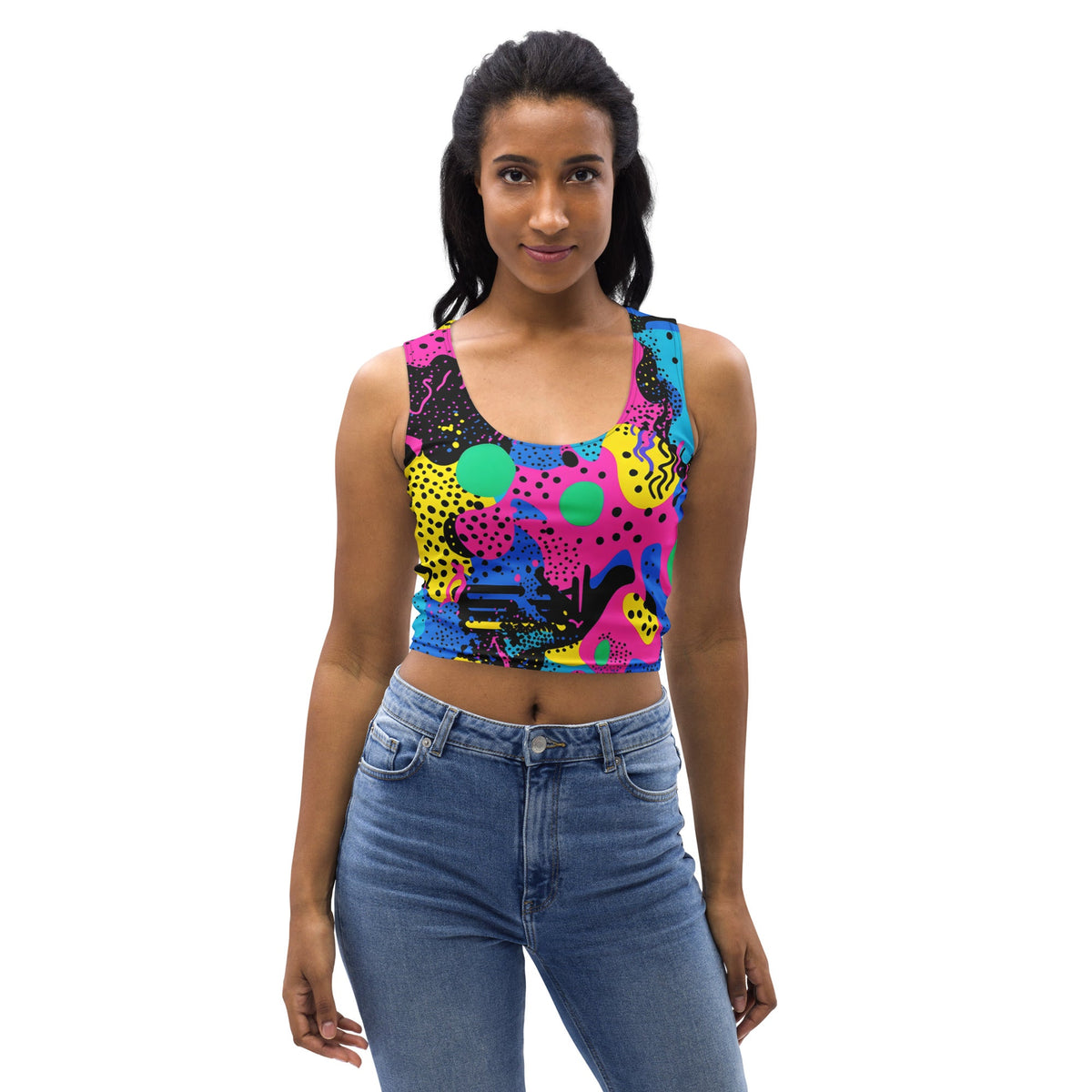 Retro color woman's crop top tank top for EDM rave festival, featuring vibrant design and sleeveless style, by EDMFestieGear.
