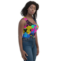Retro color woman's crop top tank top by EDMFestieGear for EDM rave festivals, featuring vibrant, retro-inspired design.