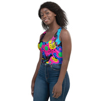 Retro color women's crop top tank top for EDM rave festivals, vibrant design, sleeveless style, casual festival clothing.