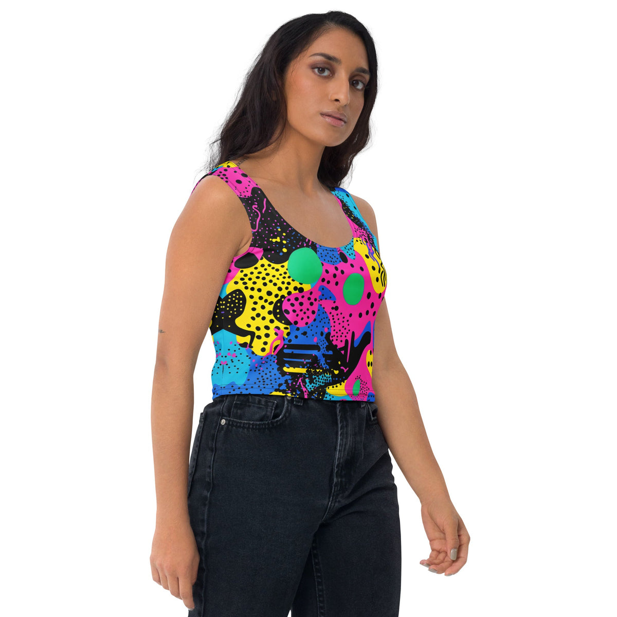 Retro color woman's crop top tank top for EDM rave festival, featuring vibrant patterns and comfortable fit.
