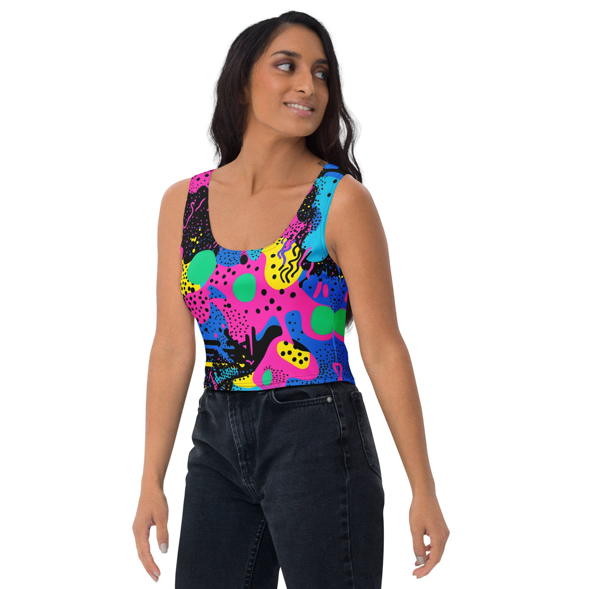 Retro color woman's crop top tank top for EDM rave festival, vibrant design, sleeveless, stylish festival clothing by Lornea.