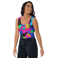 Retro color woman's crop top tank top for EDM rave festival, vibrant design, sleeveless, stylish festival clothing by Lornea.