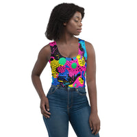 Retro color women's crop top tank for EDM rave festival, featuring vibrant patterns and a fitted style from Lornea.
