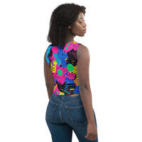 Retro color woman's crop top tank top for EDM rave festivals, vibrant design, sleeveless style, casual festival outfit by Lornea.