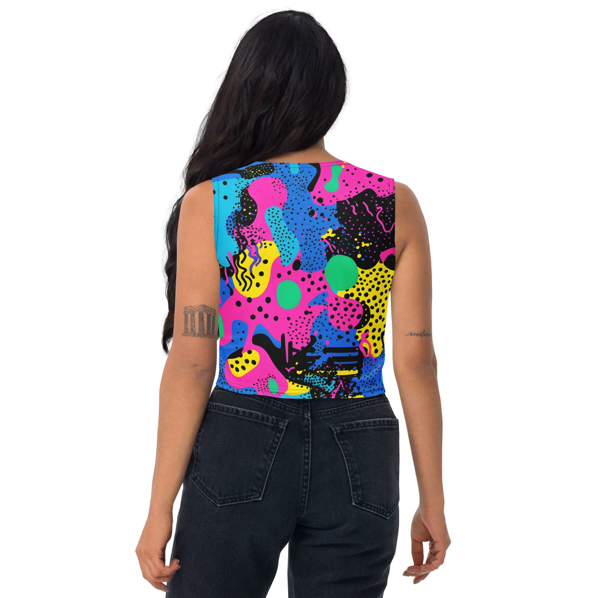 Retro color women's crop top tank from EDMFestieGear for EDM rave festivals, featuring vibrant, eye-catching design.
