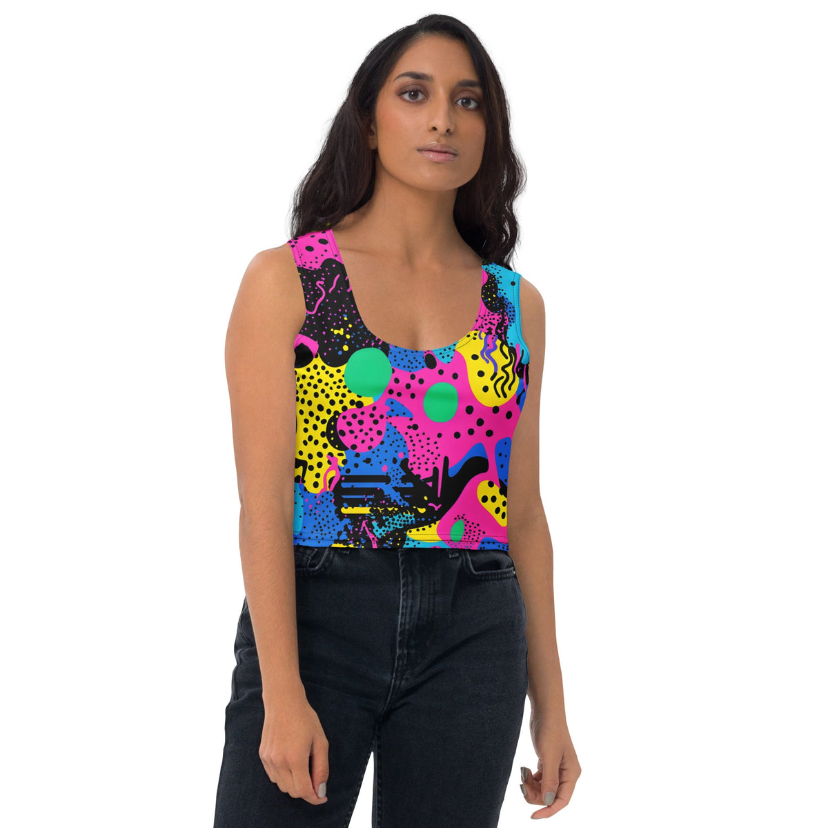 Retro color woman's crop top tank top for EDM rave festival, vibrant design, sleeveless style, casual festival outfit by Lornea.