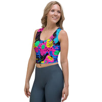 Retro color woman's crop top tank top for EDM rave festival, vibrant, sleeveless, fitted casual festival wear by Lornea.