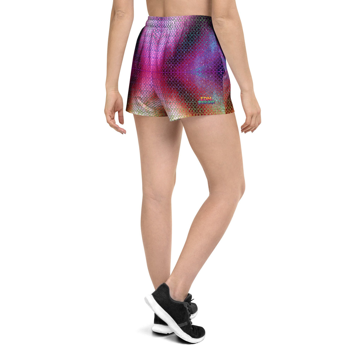 Pixeled athletic shorts for EDM rave festival outfit, featuring vibrant patterns, designed for festival and rave wear.