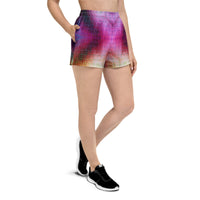 Pixeled athletic shorts for EDM rave festival outfit, featuring vibrant patterns, from Lornea's Festie Athletic Shorts collection.