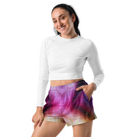 Pixeled athletic shorts for EDM rave festival outfit, Lornea Festie Athletic Shorts with vibrant digital print design.