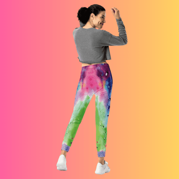 Vibrant women's Festie Joggers by Lornea, eco-friendly fabric, bright colors, perfect for music festivals, casual wear.