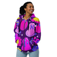 Recycled purple zip-up hoodie with all-over print, unisex fit, suitable for EDM rave festival outfits.