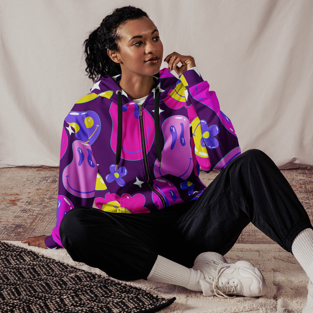 Purple all-over-print unisex zip-up hoodie by EDMFestieGear, perfect for EDM rave festivals, featuring vibrant design on front.