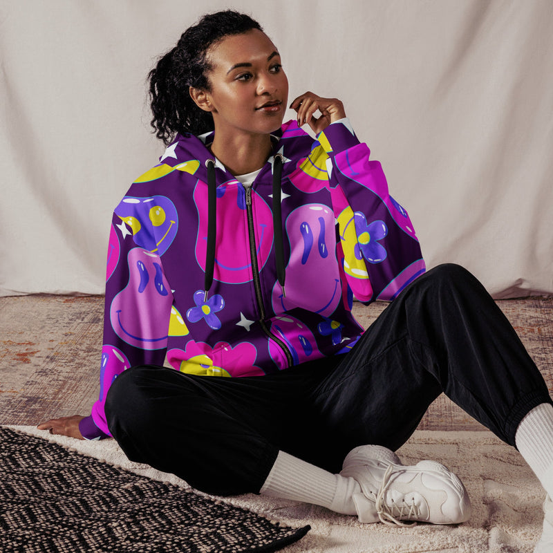 Purple all-over-print unisex zip-up hoodie by EDMFestieGear, perfect for EDM rave festivals, featuring vibrant design on front.