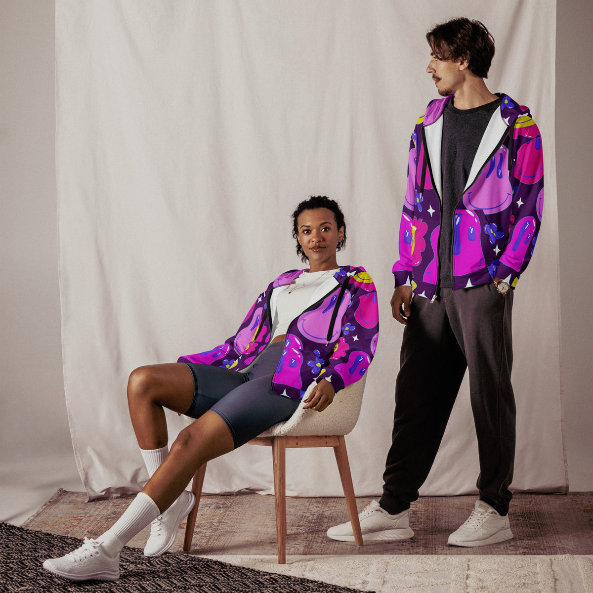 Unisex purple trip zip-up hoodie with all-over rave-themed print, ideal for EDM festival outfits, made from recycled materials.