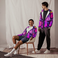 Unisex purple trip zip-up hoodie with all-over rave-themed print, ideal for EDM festival outfits, made from recycled materials.