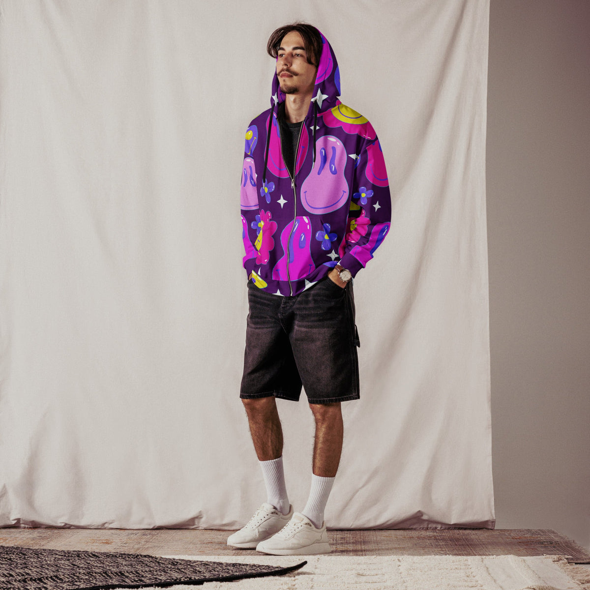 Unisex purple zip-up hoodie with all-over print, ideal for EDM rave festival outfits, made from recycled materials.