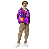 Unisex purple zip-up hoodie with all-over print, ideal for EDM rave festivals, made from recycled materials.