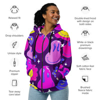 All-over print purple zip-up hoodie for EDM rave festival outfit, recycled unisex design, front view.