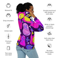 Unisex purple zip-up hoodie with all-over rave-inspired print, casual EDM festival clothing from EDMFestieGear.com.