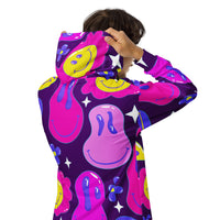 Purple trip zip-up hoodie with all-over print, recycled fabric, unisex design, perfect for EDM rave festival outfits.